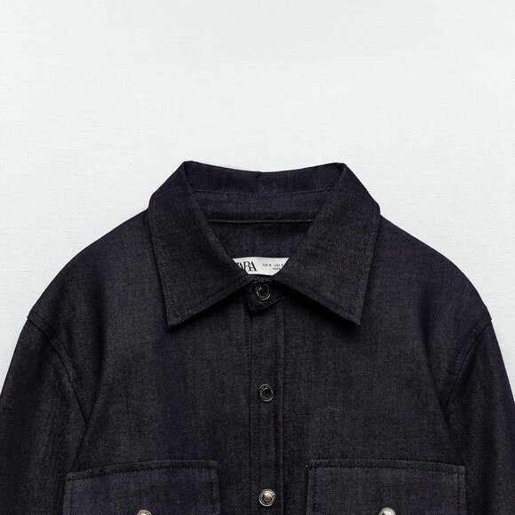 Dark Denim Zara Snap-Front Woven Long Sleeve Jean Top (NWT) - Picture 6 of 7